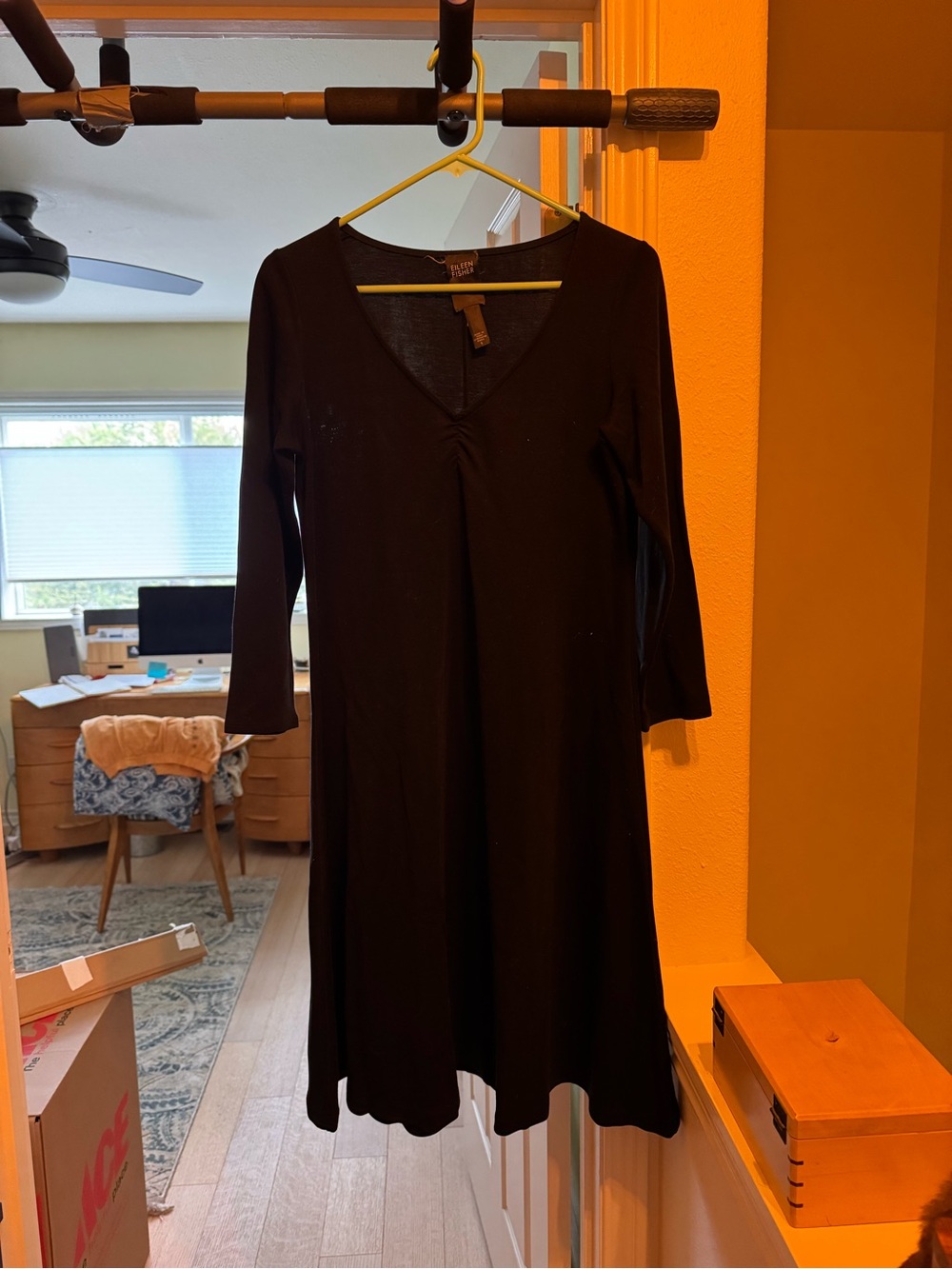 Eileen Fisher Black V-Neck Long Sleeve A-Line Dress